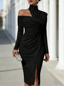 Women's Asymmetric Off Shoulder Dress High Neck Cutout Long Sleeve Ruched Waist Front Slit Dress Elegant Wedding Guest Outfit