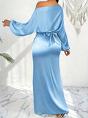 Elegant Slim Fit Satin Dress for Ladies with Long Sleeves Sloping Shoulder Twisted Details Exposed Shoulders High Slit