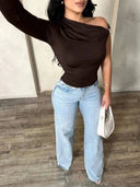 Women Asymmetric Off Shoulder Long Sleeve Top Metal Ring Ruched Slim Solid Casual Party Bodycon Blouse