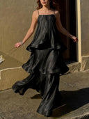 SUMMER NEW WOMEN'S ADJUSTABLE SLIP DRESS, SOLID COLOR ELEGANT LARGE SWING RUFFLE DESIGN, SATIN SLIP VACATION STYLE DRESS