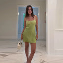 2026 New Women Sparkly Lime Green Mini Dress Sexy Spaghetti Strap Sequin Fringe Satin Slip Dress Elegant Night Party Date Outfit